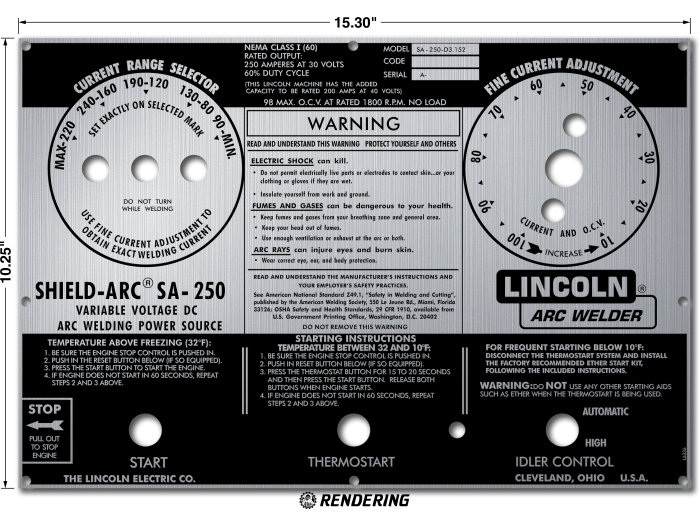 Lincoln SA-250 Perkins 3.152 Screened Aluminum FACEPLATE - Codes